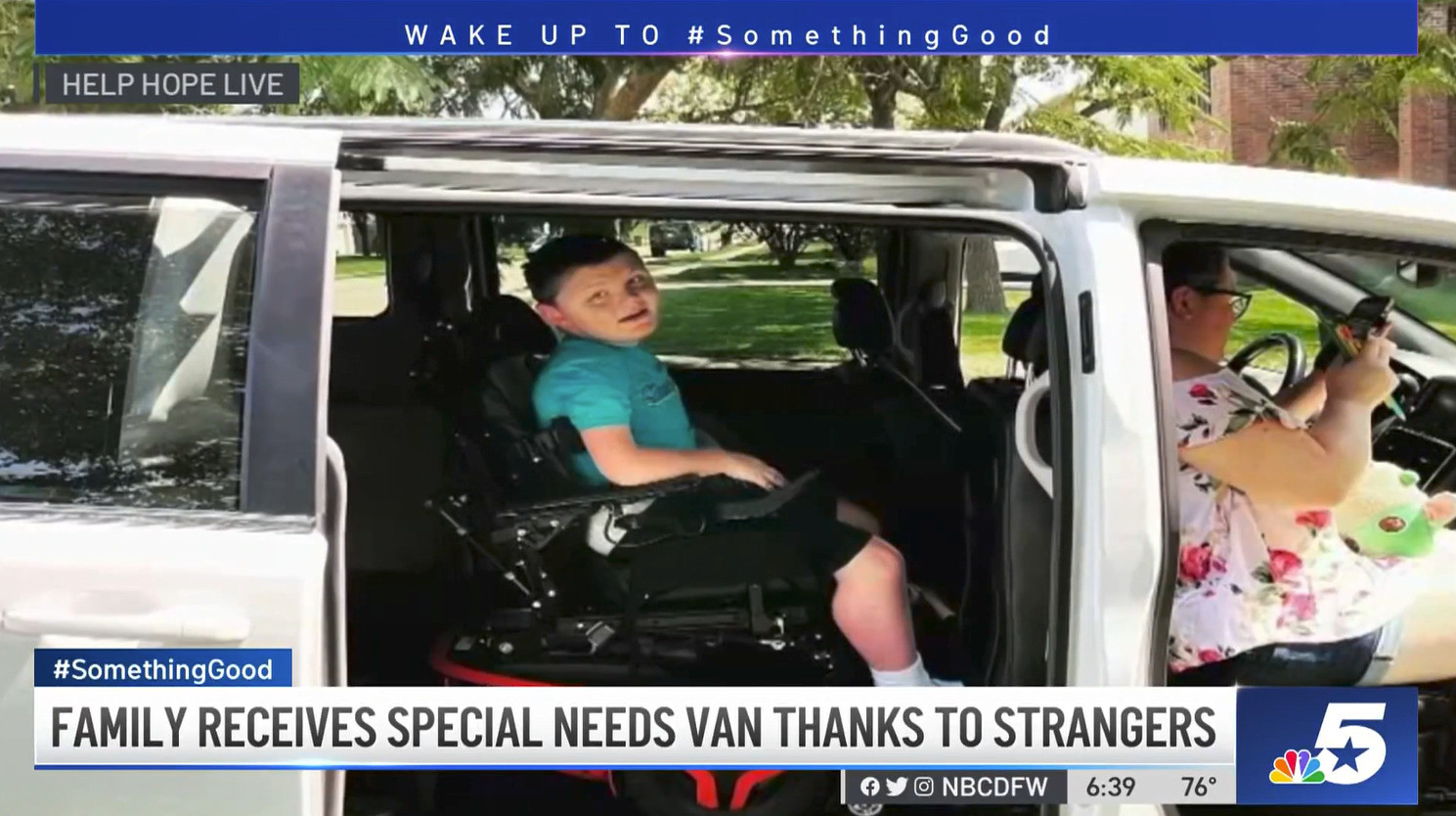 12-year-old Stephen Carr McGrath is in his power chair inside his family's new accessible van with a sliding door.