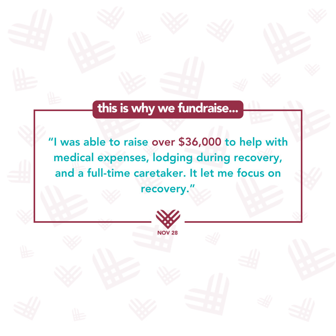 A graphic with maroon, teal, and white details reads This is why we fundraise...with a quote: 