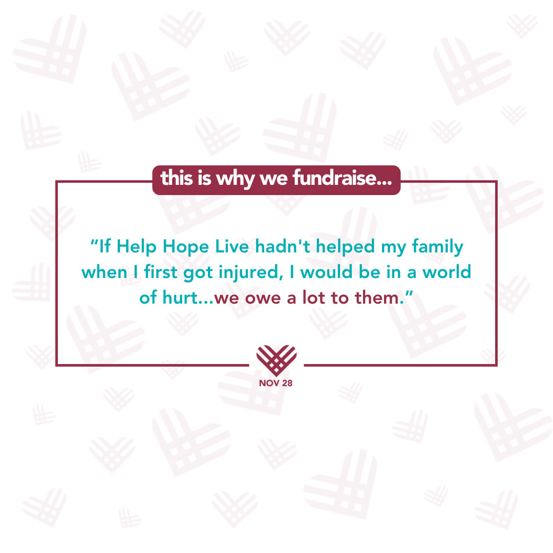 A graphic with maroon, teal, and white details reads This is why we fundraise...with a quote: 