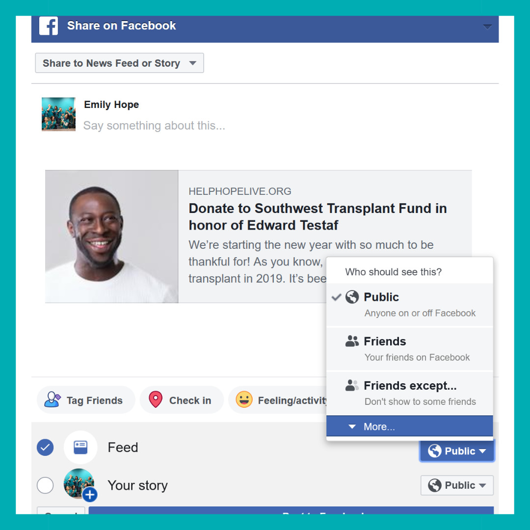 A screenshot shows how to share a Help Hope Live Campaign Page in a Facebook post with options for where on Facebook to share the post and which audience to share it with on your Feed or Story. There is a link preview for a Help Hope Live Campaign Page in honor of Edward Testaf.