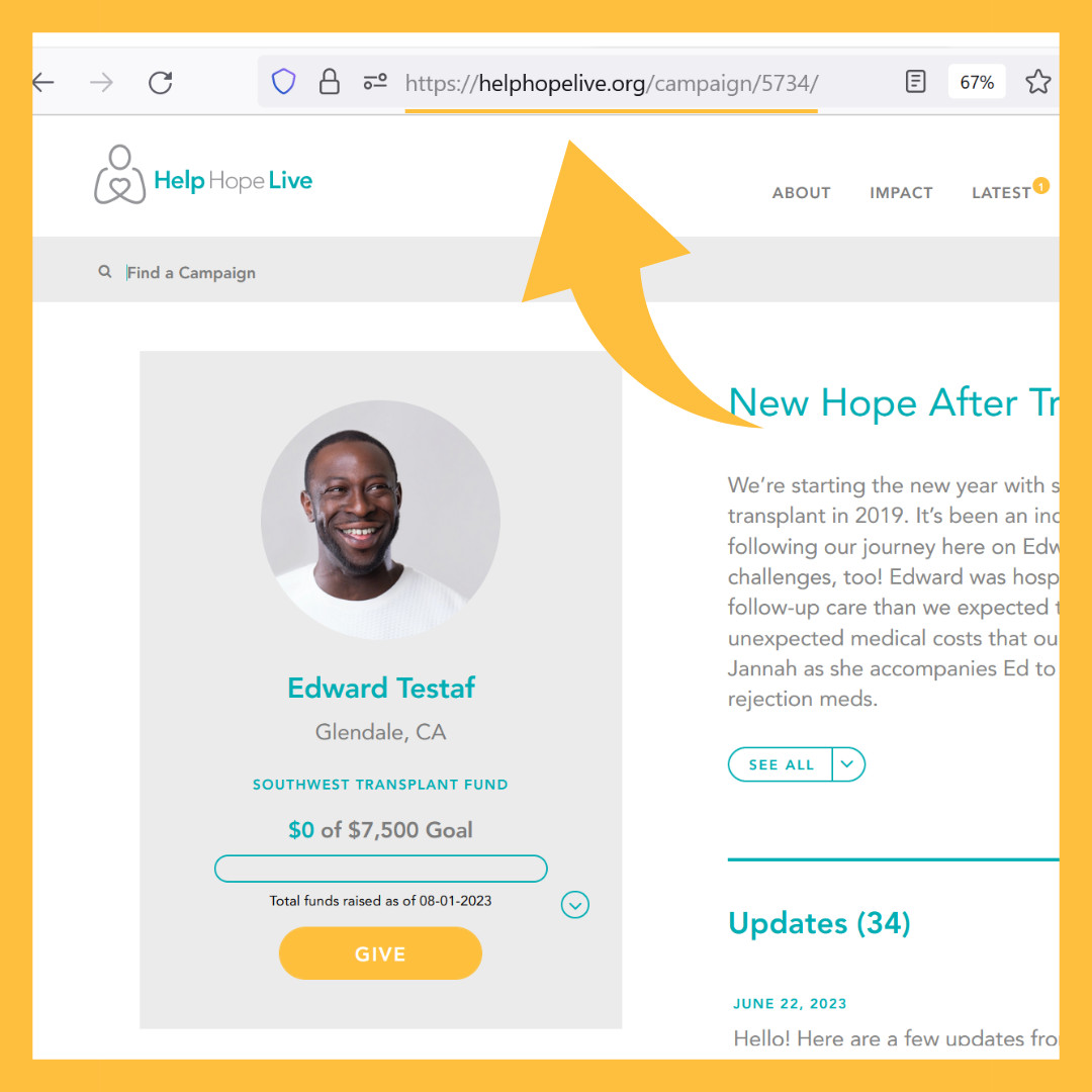 A screenshot uses a gold arrow and underline to indicate where to find the URL or link on a Help Hope Live Campaign Page at the top of a desktop browser.