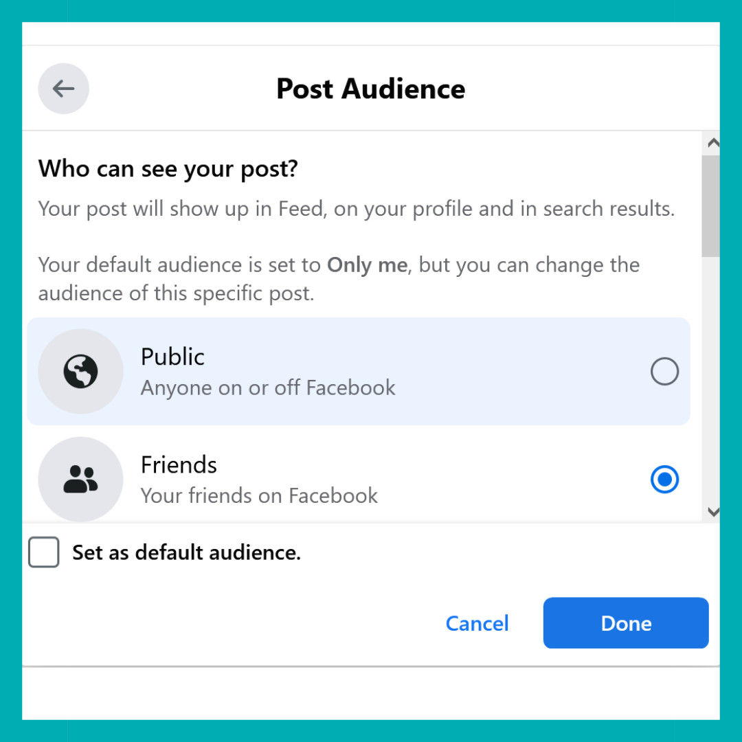 A screenshot shows how to select Post Audience for a post on Facebook with options for Public or Friends.