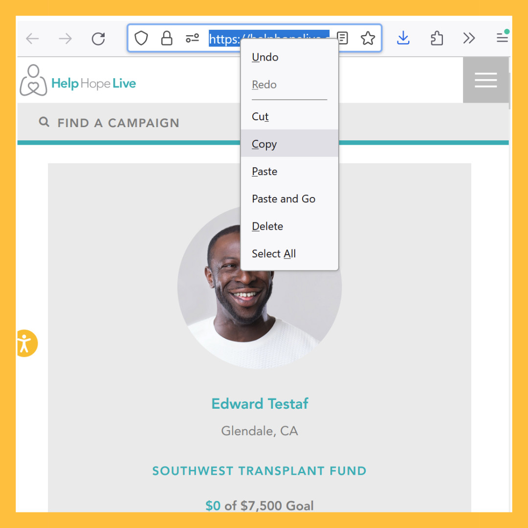 A desktop browser screenshot shows how to select a Help Hope Live Campaign Page URL and bring up the right-click popup menu that includes a selected option for Copy.