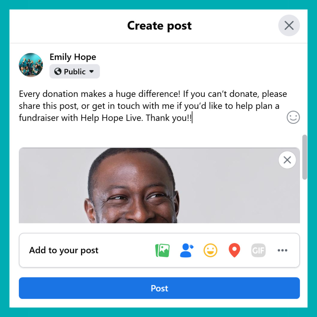 A screenshot of user Emily Hope composing a public Facebook post with text: 