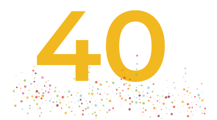 The number 40 large and in gold with multi-colored star-shaped confetti.