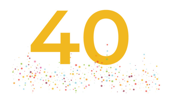 The number 40 large and in gold with multi-colored star-shaped confetti.