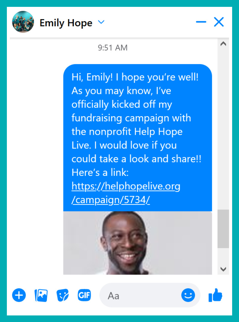 A screenshot of a sample Facebook Messenger message to share a Help Hope Live Campaign Page link. The text reads 