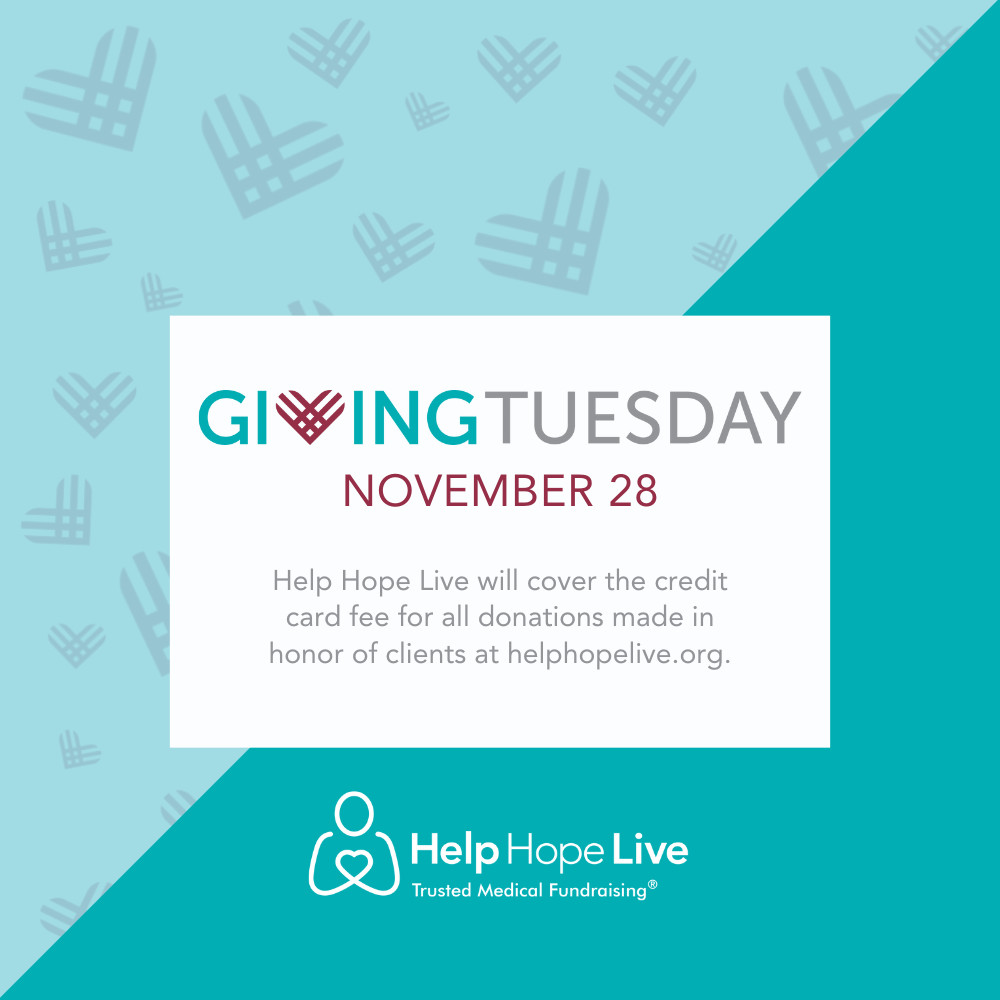 A graphic with teal and light blue color blocking and maroon GivingTuesday logos says GivingTuesday November 28: Help Hope Live will cover the credit card fee for all donations made at helphopelive.org.