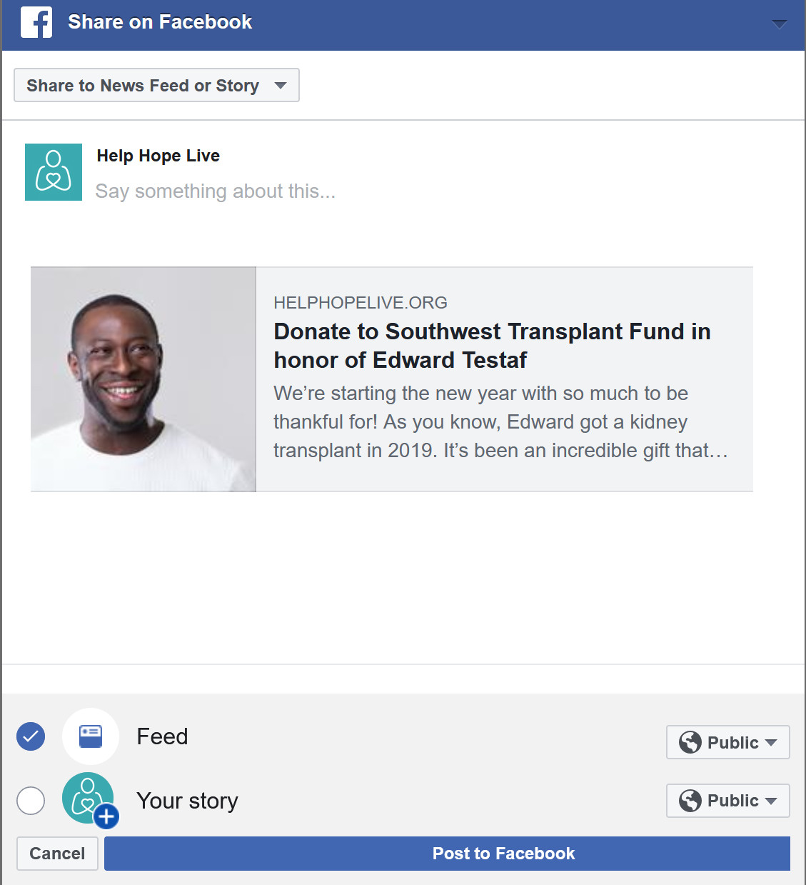 A screenshot of the corresponding screen of Facebook that pops up if a user uses the Facebook share button from a Help Hope Live Campaign Page. Dropdowns are visible for 