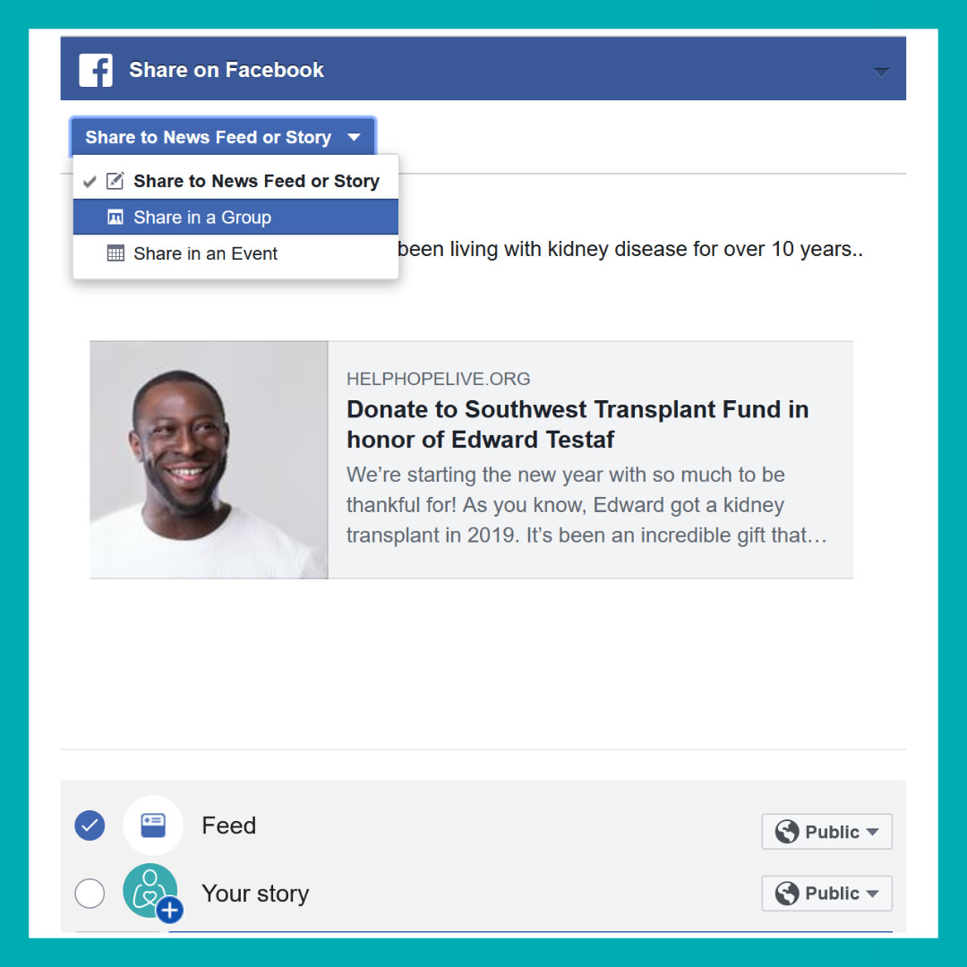 A screenshot of the Facebook post composer and options for sharing with emphasis on the dropdown to select between 