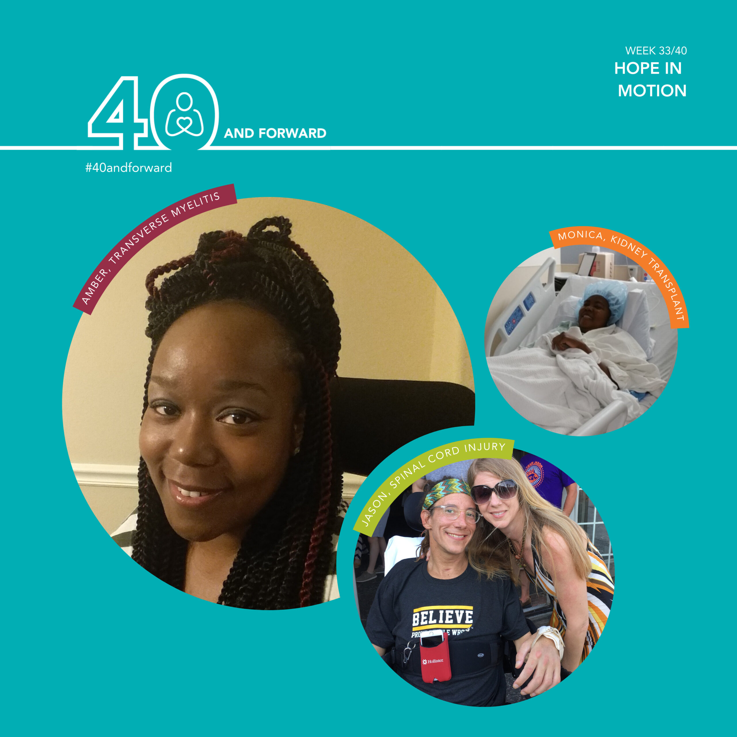 WEEK 33/40 HOPE IN MOTION #40ANDFORWARD IMAGE: There are three bubbles of three different Help Hope Live clients. Bubble #1 (top left): This is a picture of Amber, who has transverse myelitis. She is seated in her wheelchair smiling at the camera. Amber has dark-colored skin and dark-colored hair. Her hair is braided and falls below her shoulders. Bubble #2 (top right): This is a picture of Monica, who had a kidney transplant. Monica is laying in her hospital bed. She has a hospital cap on and a hospital gown. She is smiling at the camera. Monica has dark-colored skin. Bubble #3 (bottom middle): This is a picture of Jason, who had a spinal cord injury. Jason is seated in is wheelchair, posing with a woman on his right. They are staring at the camera. Jason has dark-colored hair and light-colored skin. He is wearing a headband and glasses. His shirt reads, 