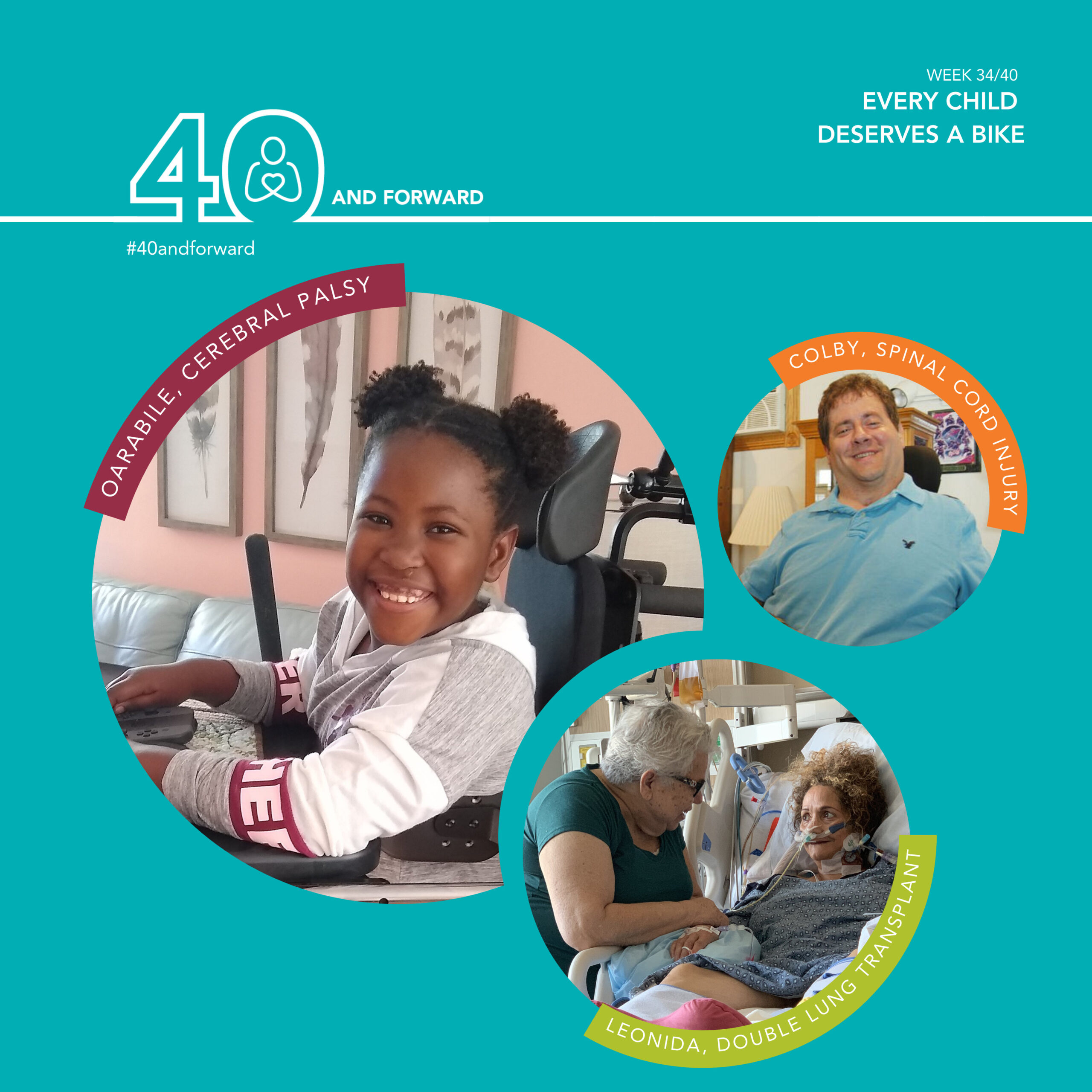 Week 34/40 Every child deserves a bike #40andforward IMAGE: There are three bubbles of Help Hope Live clients. The first bubble (top left) is of Oarabile, who has cerebral palsy. She has dark-colored hair and dark-colored skin. Her hair is in small buns on both sides of her hair. She is seated in her wheelchair, smiling at the camera. She is wearing a long sleeve sweatshirt. The second bubble (top right) is of Colby, who has a spinal cord injury. he has short, light-colored hair and light-colored skin. He is smiling at the camera. He is in his wheelchair and is wearing a light-colored polo shirt. The third bubble (bottom right) is of Leonida, who had a double lung transplant. She has very curly, light-colored hair. She is wearing her hospital gown and is wearing an oxygen tube.