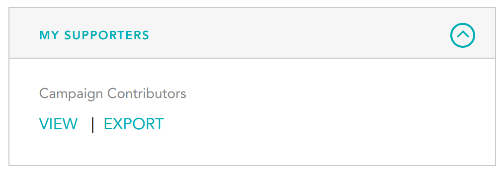 A screenshot of the MY SUPPORTERS menu in a client DASHBOARD with an option to VIEW or EXPORT the Campaign Contributors list.