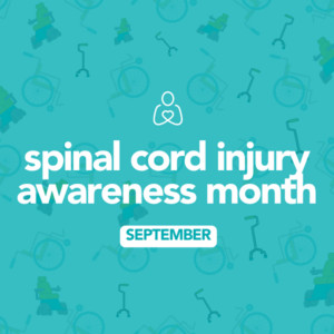 September is Spinal Cord Injury Awareness Month. Graphics show walkers, wheelchairs, and power chairs.
