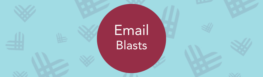 A banner reads Email Blasts in white on burgundy with a background of light blue with GivingTuesday logo hearts.