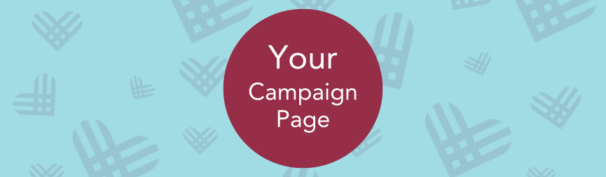 A banner reads Your Campaign Page in white on burgundy with a background of light blue with GivingTuesday logo hearts.