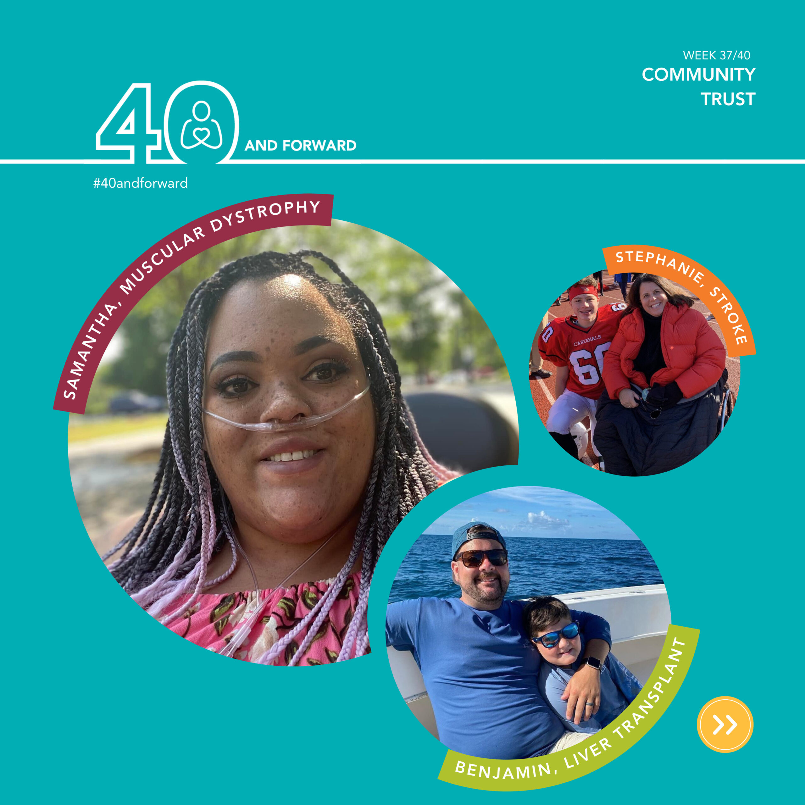 Week 37/40 Community Trust #40andforward There are three pictures of Help Hope Live clients in circles. Circle #1 (top left): This is a picture of Samantha, who has muscular dystrophy. She is seated in her wheelchair smiling at the camera. She has long, dark-colored hair that are in braids, and she has dark-colored skin. She is wearing a floral shirt and an oxygen tank mask. Circle #2 (top right): This is a picture of Stephanie, who had a stroke. She is seated in her wheelchair in a vibrant jacket. She has short, dark-colored hair and light-colored skin. Next to her is a young boy in a Cardinals jersey. Circle #3 (bottom middle): This is a picture of Benjamin, who had a liver transplant. He is sitting on a boat next to a young child. Benjamin has a hat on backwards, sunglasses and a dark-colored long sleeve sun shirt. He has light-colored skin and dark-colored facial hair.