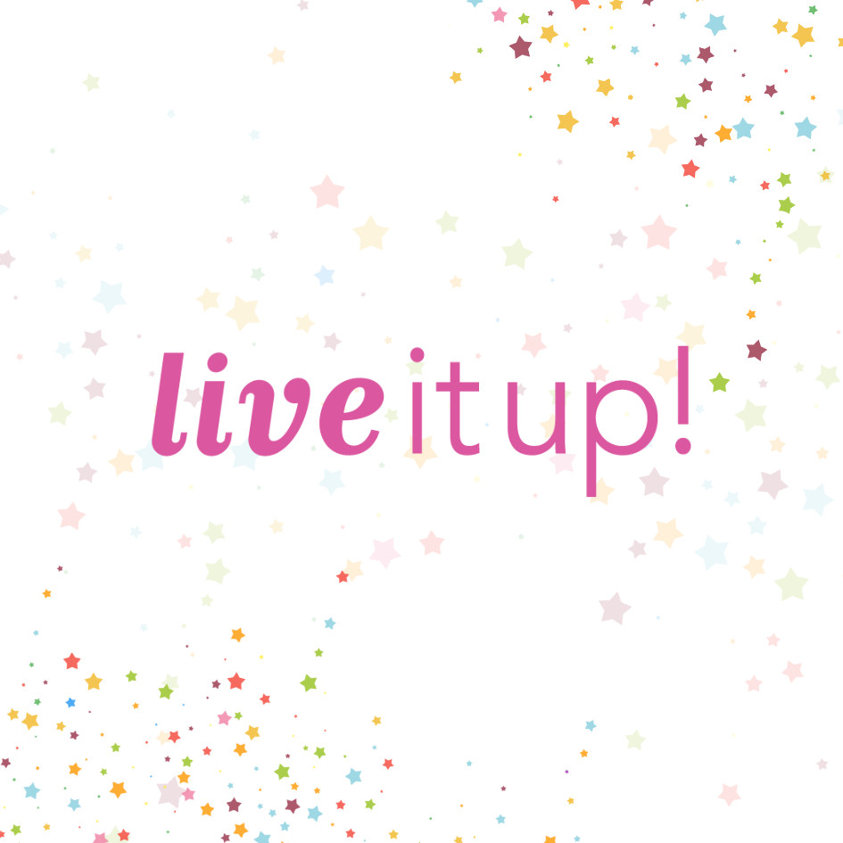 A graphic features multi-colored stars, some out-of-focus, on a white background with the words Live It Up! in the center in pink.