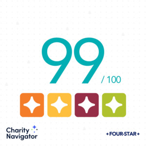 A graphic reads 99/100 in bold teal font with four star icons in orange, yellow, maroon, and light green. The bottom-left logo reads Charity Navigator. Bottom-right text reads FOUR-STAR in navy. The background is a faint dot matrix pattern with some Help Hope Live gray logo pledge figures sprinkled in.