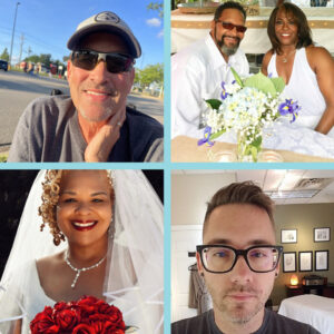 A square graphic shows four photos of Help Hope Live clients who received transplants in September 2023 separated by light blue dividers. The first is a man with light skin, a short gray beard, a ball cap, and sunglasses outdoors with a blue sky and street visible behind him. The second is a man and woman in wedding attire. The man wears a white suit and has brown skin, sunglasses, and a short black and gray goatee. The woman has light skin, a white halter wedding dress, and shoulder length brown hair with wispy bangs. The third photo is a woman with brown skin, red lipstick, and curly textured dyed blonde hair with a white veil, sparkling pendant necklace, and a bouquet of red roses. The fourth picture is a man with light skin, gauges, black-rimmed glasses, and short styled brown hair in a therapy or massage room setting.