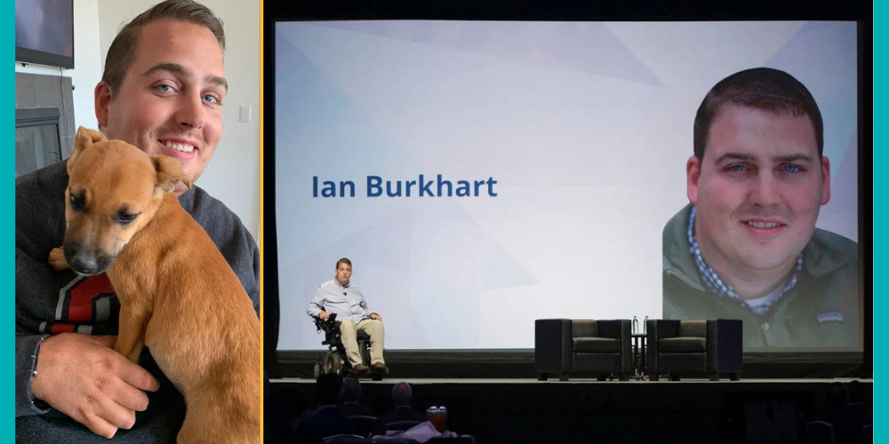 In the first of two photos, Ian Burkhart has light skin, blue eyes, and short brown hair. He is inside a home seated in his power chair, not pictured, with a small brown dog on his lap. In the second photo, Ian Burkhart is on a stage giving a presentation with his name on a large slide behind him along with a close-up portrait. Ian has light skin, short brown hair, and blue eyes. On stage, he is seated in his black power chair with a light blue collared shirt, khaki pants, and brown shoes. There are two empty black leather chairs and two bottles of water on a black table on the other end of the stage.
