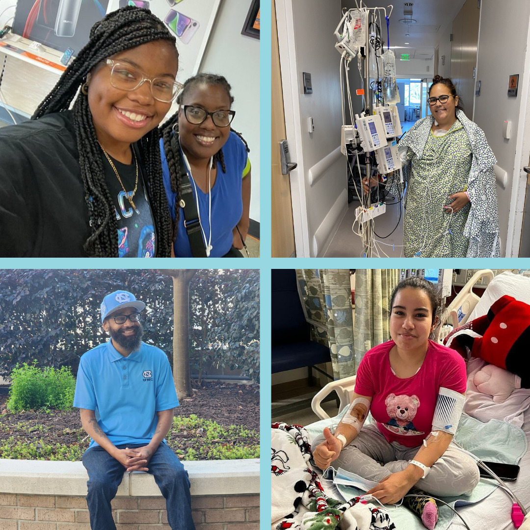 Four October transplant recipients in the Help Hope Live network. Clockwise from top left, the first photo is a woman with brown skin and braided black hair and glasses smiling next to a woman with dark brown skin. The second photo is a woman in a hospital gown walking down a hospital corridor with light brown skin, dark hair, and glasses. The third is a woman with light brown skin in a bright magenta t-shirt sitting in a hospital bed hooked up to several medical devices. The final photo is a man with brown skin, a black curly beard, a blue t-shirt, and a blue ball cap seated outside.