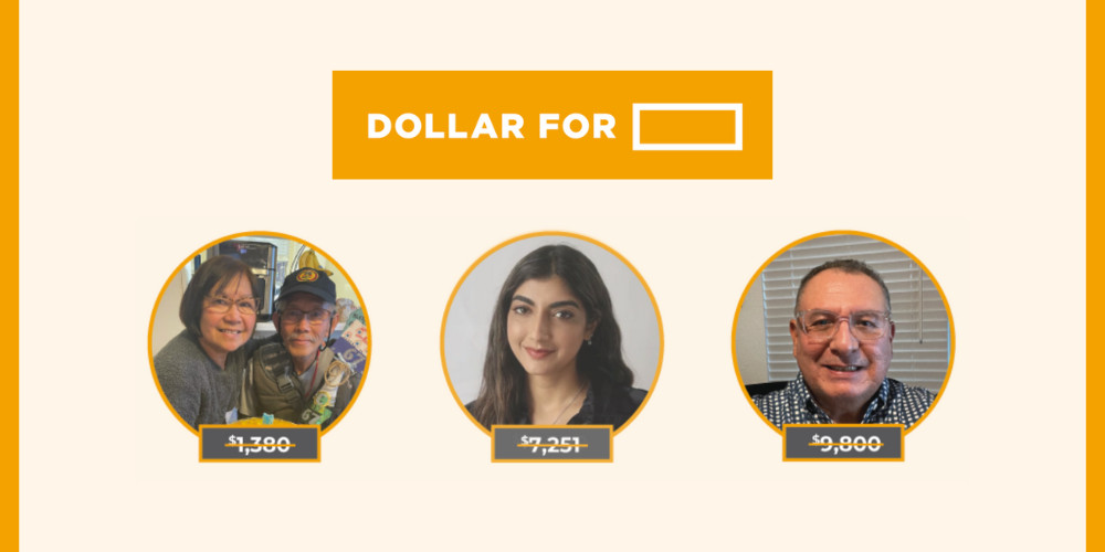 A Dollar For graphic in light yellow and gold shows three photos of patients of various ages and ethnicities along with the medical debt they incurred crossed out to signify that it has been relieved with help from Dollar For. The amounts are $1,380, $7,251, and $9,800.