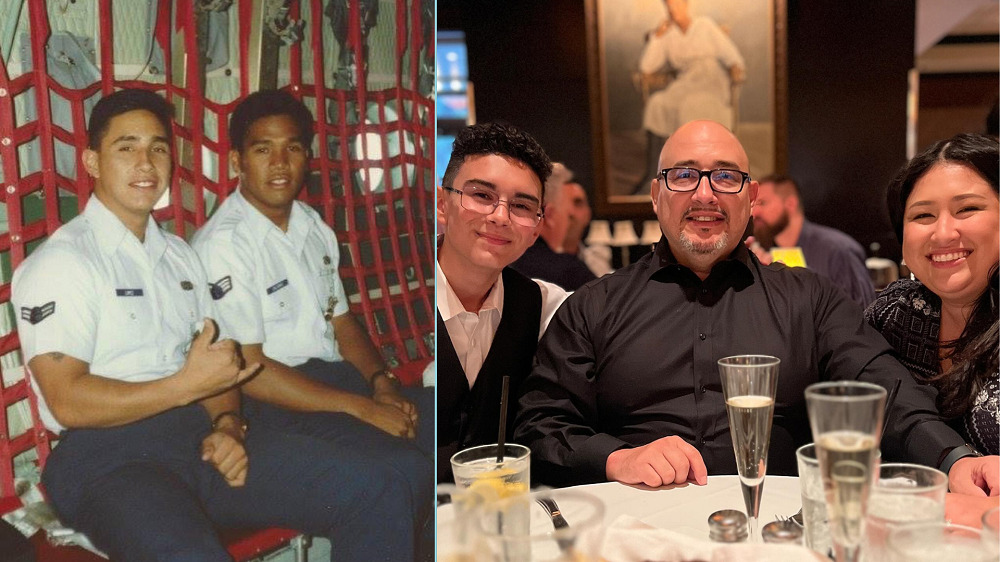 Two photos are separated by a thin light blue dividing line. In the first photo, a young Kevin Lopez gives a hang-loose sign with his right hand as he sits with another young man, both wearing service suits with short-sleeved collared and badged white shirts and navy pants. Both young men have light brown skin and short dark hair. In the second photo, Kevin is seated in a formal event dining room with his two children. His son has light brown skin, short dark hair, and glasses and wears a white collared shirt and formal black vest. Kevin wears a black button-up shirt and has light brown skin, a bald head, black-rimmed glasses, and a salt-and-pepper goatee. His daughter wears black formal attire and has light brown skin and center-parted black hair.