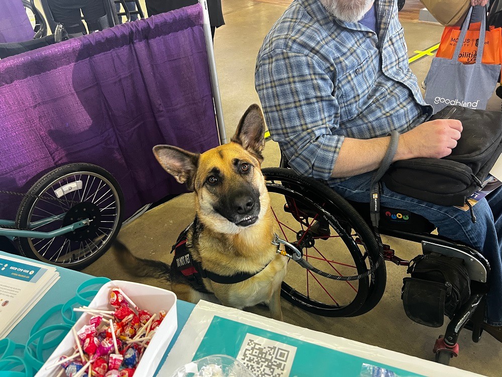 A German shepherd service dog sits patiently beside the Help Hope Live booth and his owner, who is seated in a wheelchair, at Abilities Expo Dallas.