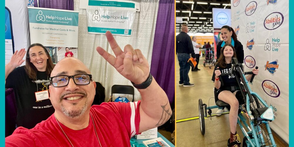 Two photos bordered in teal. First: In a selfie at Abilities Expo Dallas in front of the Help Hope Live booth banners, Kevin Lopez and Barbara Brewer smile. Kevin has light brown skin, a bald head, and a short gray goatee with a bright red shirt, and he’s giving a peace sign. Behind him Barbara has light skin and shoulder-length brown hair with an abilities Expo badge—she is waving. Second: On the expo floor at Abilities Expo Dallas, Help Hope Live’s Kelly L Green is with 15-year-old Hallie, an adaptive bike recipient. Kelly has light skin, dark eyes, and dark hair in a ponytail. Hallie has light skin, a big smile with braces, and wavy shoulder length brown hair. She is operating her new adaptive bike with her hands—it is teal with Help Hope Live branding on the front.