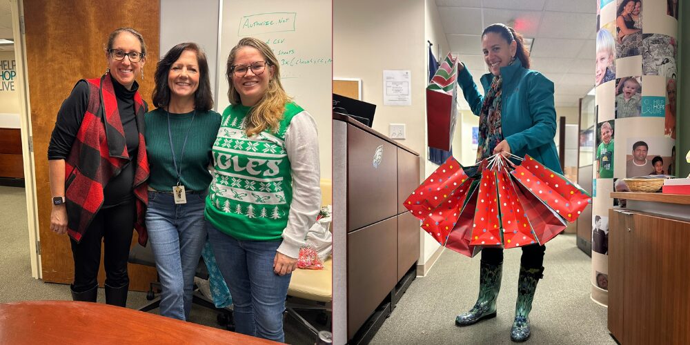 Two photos from the 2023 Bags of Hope packing event at the Help Hope Live offices. The first is Brooke, Terri, and Sonny standing in the conference room. Brooke has light skin, blonde hair pulled back, black glasses, and a festive red tartan wrap over a black turtleneck. Terri has light skin and short dark hair and wears a lanyard over a pine-green long-sleeved shirt and jeans. Sonny has light skin, tortoiseshell glasses, and blonde hair past her shoulders with an ugly sweater-style sweater that reads EAGLES and includes the football team's logo. In the second photo, Kelly L Green has light skin, dark hair pulled back, and a bright teal coat with psychadelic-print rain boots as she holds festive Bags of Hope in both hands. She is in the Help Hope Live lobby with a pillar visible that has photos of Help Hope Live clients of various ages and ethnicities.