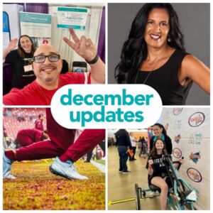 A graphic reads December Updates with four photos from the eblast this blog post summarizes. Image 1: In a selfie at Abilities Expo Dallas in front of the Help Hope Live booth banners, Kevin Lopez and Barbara Brewer smile. Kevin has light brown skin, a bald head, and a short gray goatee with a bright red shirt, and he’s giving a peace sign. Behind him Barbara has light skin and shoulder-length brown hair with an abilities Expo badge—she is waving. Image 2: A portrait photo of Help Hope Live Executive Director Kelly L Green. She has light skin, dark eyes, maroon lipstick, a black sleeveless dress, and dark curly hair past her shoulders. Third: A photo of Commanders player KJ Henry's legs in red workout gear on the field wearing his Help Hope Live branded cleats. The cleats read Help Hope Live on the side with teal, white, and gray ombre detail. Fourth: On the expo floor at Abilities Expo Dallas, Help Hope Live’s Kelly L Green is with 15-year-old Hallie, an adaptive bike recipient. Kelly has light skin, dark eyes, and dark hair in a ponytail. Hallie has light skin, a big smile with braces, and wavy shoulder length brown hair. She is operating her new adaptive bike with her hands—it is teal with Help Hope Live branding on the front.