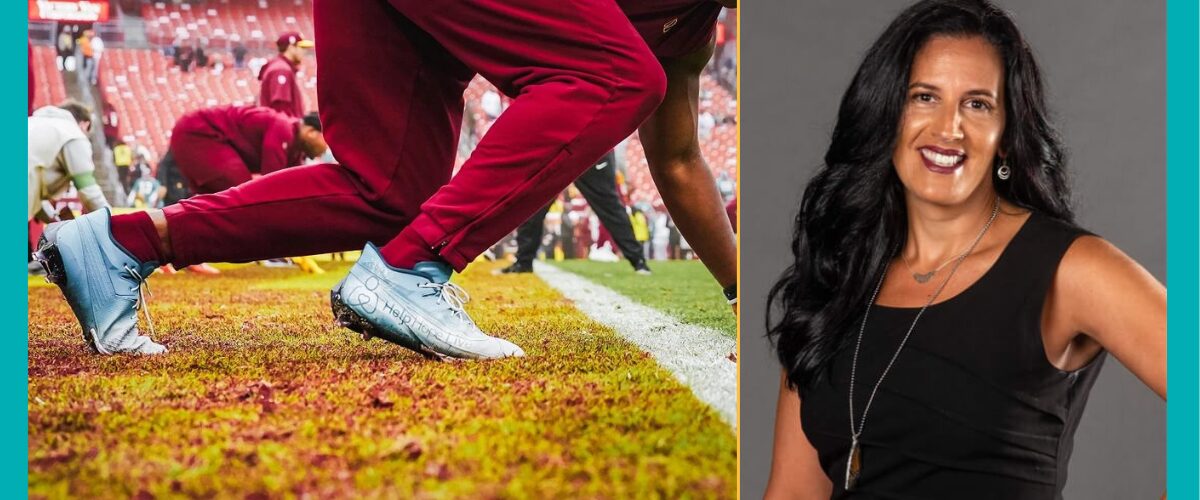 Two images bordered in teal. The first is A photo of Commanders player KJ Henry's legs in red workout gear on the field wearing his Help Hope Live branded cleats. The cleats read Help Hope Live on the side with teal, white, and gray ombre detail. The second is a portrait photo of Help Hope Live Executive Director Kelly L Green. She has light skin, dark eyes, maroon lipstick, a black sleeveless dress, ad dark curly hair past her shoulders.