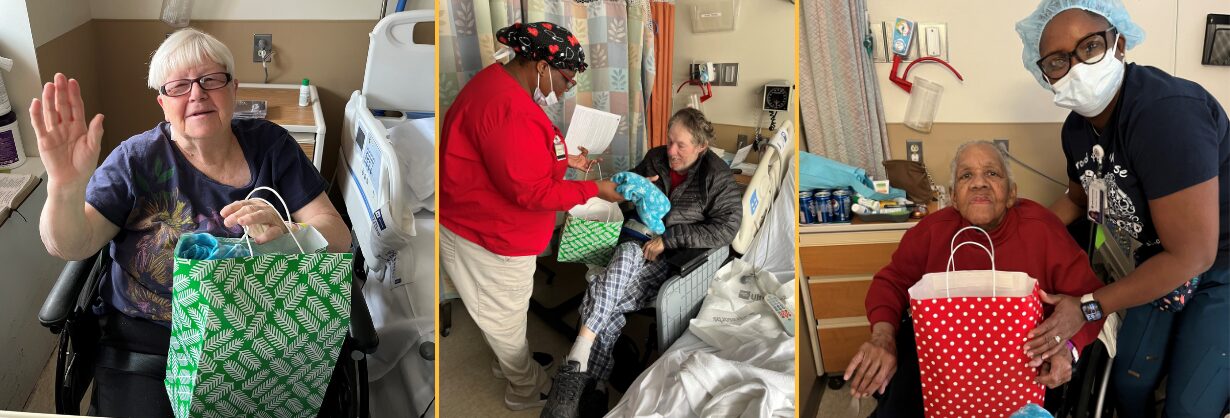 Three photos from the Bags of Hope 2023 delivery at MossRehab. The first is a woman waving as she sits in her black wheelchair with a green festive holiday bag on her lap. She has light skin, white hair, and black glasses. She is in a hospital or rehab room with a visible hospital bed. The second photo is a woman with dark skin, a mask, and a hair cap handing a festive green bag to a seated light skinned man wearing a puffy jacket and plaid pajama pants. He is seated next to a hospital bed in a hospital or rehab room. The third is someone with brown skin, black glasses, a face mask, and a navy t-shirt handing a red festive holiday bag to a seated individual with brown skin, short gray hair, and a red sweater.