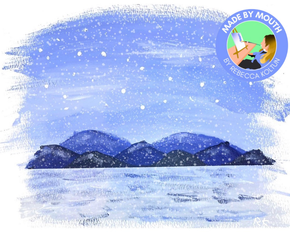 Rebecca Koltun's mouth-painted holiday card cover features visible brush strokes on a blue, white, and silver snowy mountain scene with black and blue mountains visible in the distance. A graphic at the upper right reads Made by Mouth by Rebecca Koltun with a digital image of Rebecca mouth-painting.