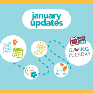 A graphic reads January Updates and shows a roadmap with images to represent fundraising ideas for different seasons - sneakers in summer, cookies in spring, a schoolhouse in fall, and GivingTuesday which with text 308 Days Left.