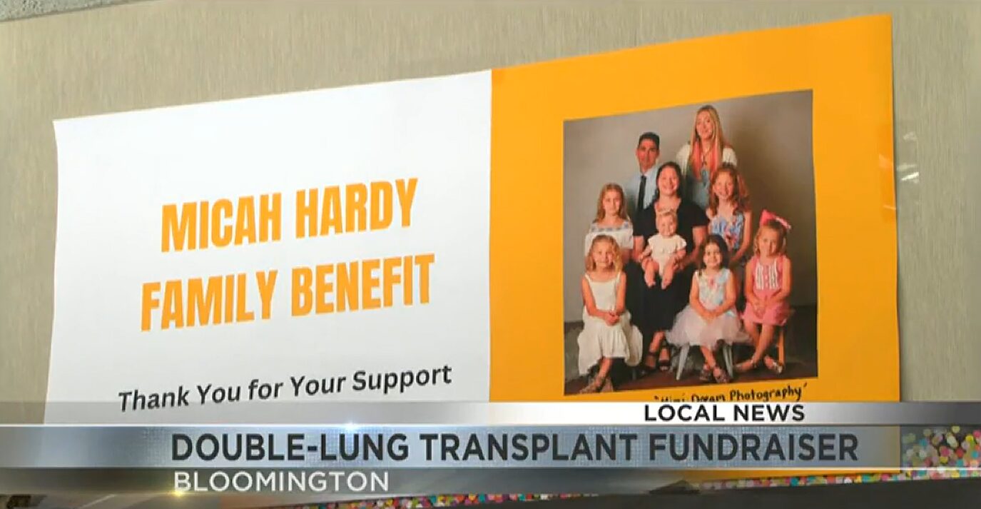 A live news broadcast screenshot with the tagline DOUBLE-LUNG TRANSPLANT FUNDRAISER shows a poster that says Micah Hardy Family Benefit - Thank You for Your Support with a family portrait of lung transplant candidate Micah Hardy, his wife, and their six daughters.