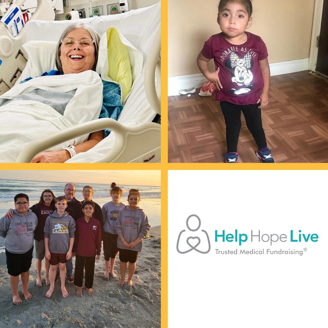Three photos of Help Hope Live transplant recipients. Clockwise from top left: Transplant recipient Valerie is beaming as she lies in a hospital bed wearing a blue and green print hospital gown. She has light skin, clear-rimmed glasses, and straight gray hair. 6-year-old Anayeli is pictured pre-transplant. She has light brown skin, short dark hair, dark eyes, sneakers, black leggings, and a maroon ruffled t-shirt with Minnie Mouse and the text ADORABLE AS EVER. She has her right hand on her hip. The third spot is the Help Hope Live logo in shades of teal and gray with the tagline Trusted Medical Fundraising. Finally, transplant recipient Deanna is on the beach at early sunset with her husband and six young students wearing hoodies for Liberty Christian Academy in gray and maroon with athletic pants or shorts. Deanna has light skin, black-rimmed glasses, and curly brown hair. Her husband has light skin and glasses.