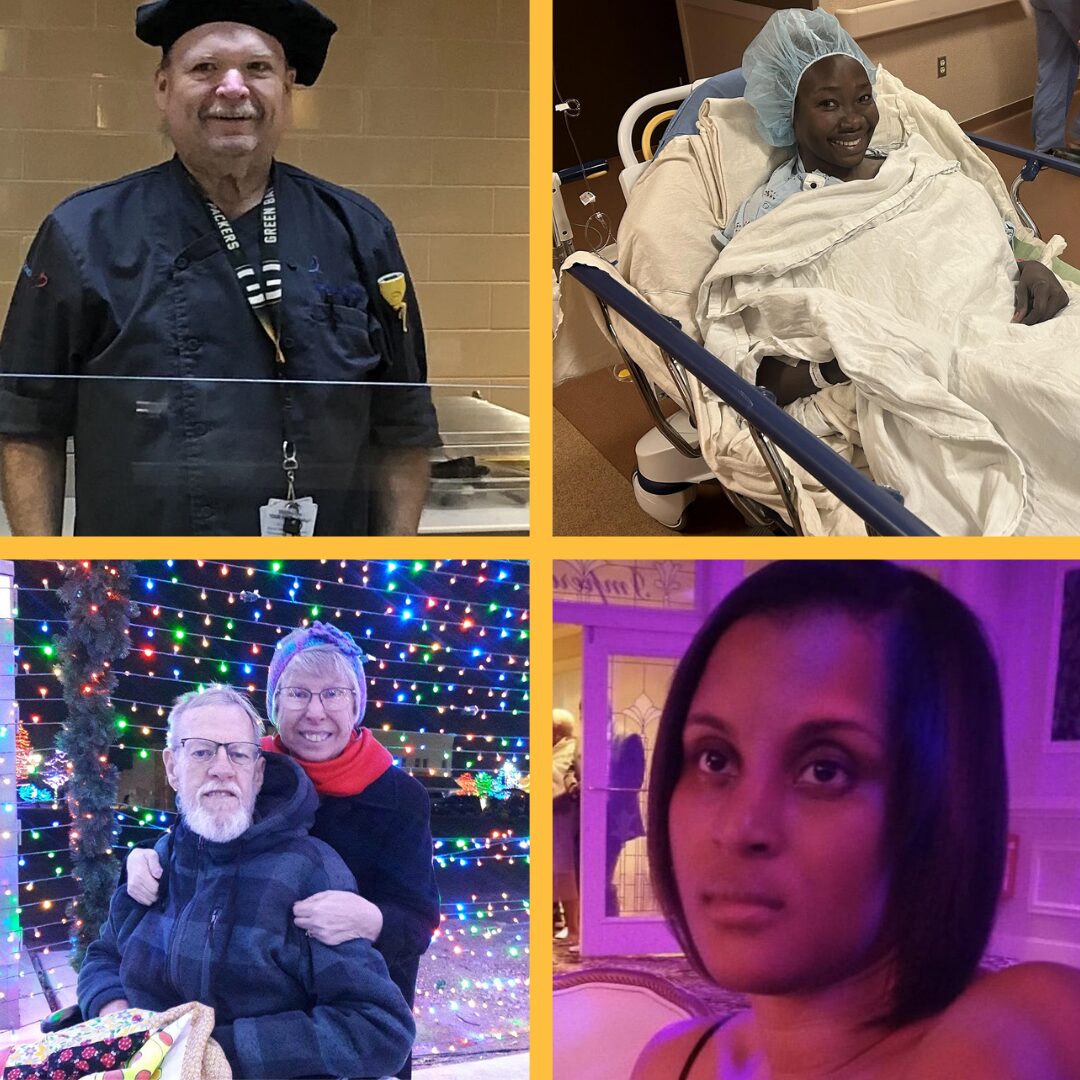 Four Help Hope Live clients who received a transplant in January 2024. Clockwise from top left, James has light skin, a short gray beard, a black professional beret, and a navy collared shirt with a Green Bay Packers lanyard. Ajulo lies in a hospital bed with a gown and blue hairnet—she has a big smile and has brown skin. Jessica has a serious expression at an event with magenta-tinted lighting. She has light brown skin, dark eyes, and shoulder-length straight dark hair. Geren is seated in a wheelchair with his wife behind him in a wintery scene with holiday lights visible behind them. He has light skin, gray hair and a gray beard, and glasses, and his wife has light skin, glasses, and short gray hair—they are both in winter coats.