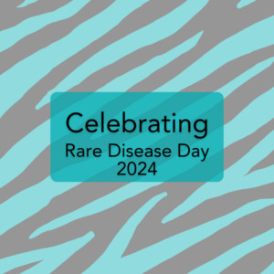 A square zebra-striped graphic reads Celebrating Rare Disease Day 2024