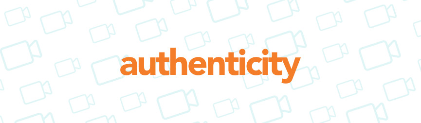 A graphic reads Authenticity in orange. The background features light blue camera icons.