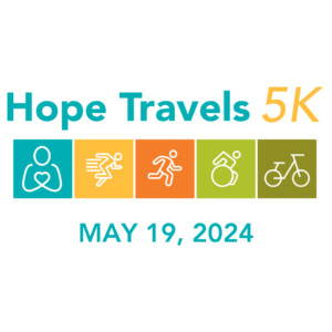 A logo reads Hope Travels 5K with logos of the Help Hope Live pledge figure, a runner, a jogger, a wheelchair user, and a bicycle, and the date MAY 19, 2024.