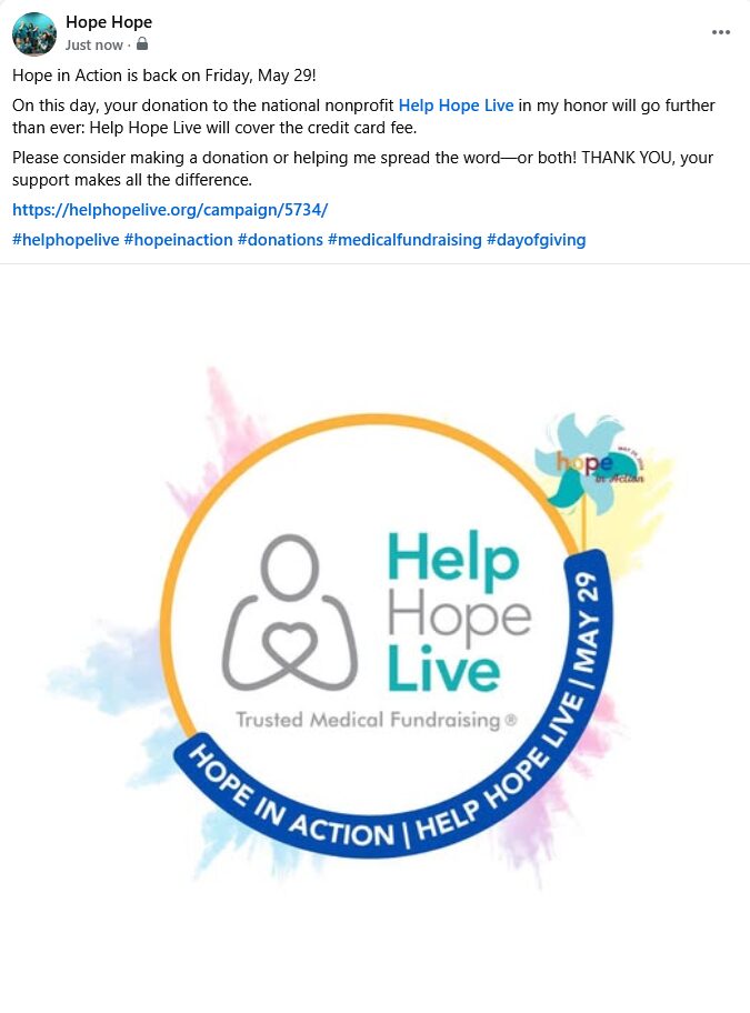 Sample Facebook post for Hope in Action 2026. Get the text of the sample post to copy, personalize, and send at helphopelive.org/hope-in-action-toolkit
