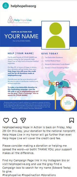 Sample Instagram post for Hope in Action 2026. Get the text of the sample post to copy, personalize, and send at helphopelive.org/hope-in-action-toolkit