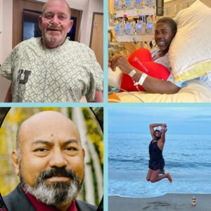 Four Help Hope Live clients who received transplants in February 2024. Clockwise from top left: Pictured before his transplant occurred, Steele Gould has light skin, close-cropped red and gray hair, and a red-and-gray short beard with bright blue eyes. He is wearing a light green hospital gown and an oxygen tube connected to his nose. Rivean Riley is in a hospital bed with a light blue hospital gown connected to many medical monitoring devices. He is holding a red heart-shaped pillow that reads Mayo Clinic. Rivean has brown skin, short curly black hair, brown eyes, a short black-and-gray beard, ad a smile. In a close-up portrait, Benjamin Grajeda has light brown skin, dark eyes, and a black-and-gray beard. He wears a charcoal gray suit jacket with a red shirt or scarf. Fall birch trees with yellow leaves are blurred in the scene behind him. Hannah Bright is jumping into the air with her legs bent at the knee and her arms over her head bent at the elbows. She is on the beach just inches from the water with a Wawa thermos cup in the sand beside her. Hannah has brown skin, dark shoulder-length straight hair, a bucket hat, and a black bathing suit with shorts.