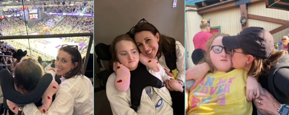 Three photos from the life of teen Reese D'Ortenzio and her mom. Reese has light skin, light brown hair, and light eyes. Her mom has light skin and brown straight hair to her shoulders. In the first photo, Reese and mom watch a basketball game from a high vantage point. In the second, Mom smiles and holds Reese's left hand as she sits in her mobility device with a black harness across her chest. In the third photo, mom kisses Reese on the cheek outside as Reese wears a shirt that says In My Lover Era in groovy letters.