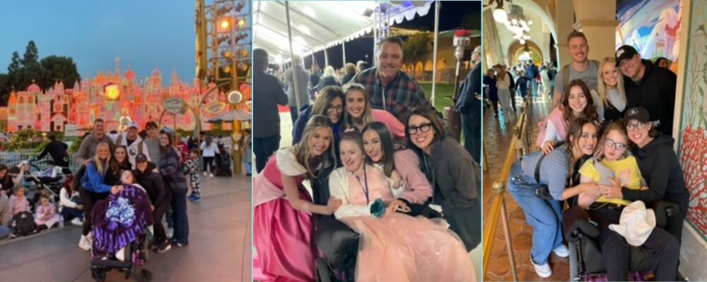 Three photos of teen Reese D'Ortenzio out and about with family. Reese has light skin, light brown hair, and is seated in a black mobility device. In the first, they are at Disney World or a similar theme park. In the second, she beams while posing with family and a girl dressed in a pink Disney princess Aurora costume. In the third, she is in a hotel lobby or similar location.