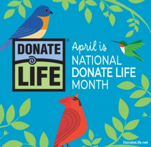 The official 2025 graphic for April Donate Life Month shows the Donate Life America logo and donatelife.net with a cardinal and a hummingbird.