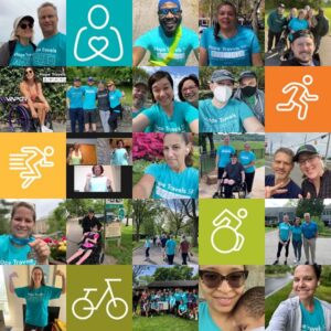 A collage of participants in the 2023 Hope Travels event wearing teal event t-shirts. They have different ethnicities, ages, genders, and mobility devices.