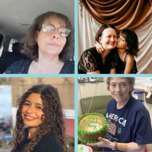 Four Help Hope Live clients who received a transplant in April 2024. The first is Leisa Smith, who is seated in a car and has light skin, glasses, and curly shoulder-length brown hair. The second is Brittany Schwartz, in a formal portrait with a young girl kissing her on the cheek - Brittany has light skin, brown hair, and a black dress with black lace short sleeves. The third is Stacey McMillion, pictured in the hospital holding a chocolate cake with green accents that reads happy birthday Stacey - she has light skin and short curly gray hair and an American flag navy t-shirt. The fourth is Nangelis Rivera, a young woman with light brown skin, red lipstick, and curly brown hair past her shoulders.